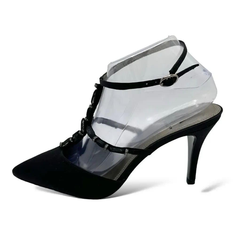 M. By Marinelli Black Satin Sparkly Jeweled T-Strap Stiletto Evening Sandal 8.5M